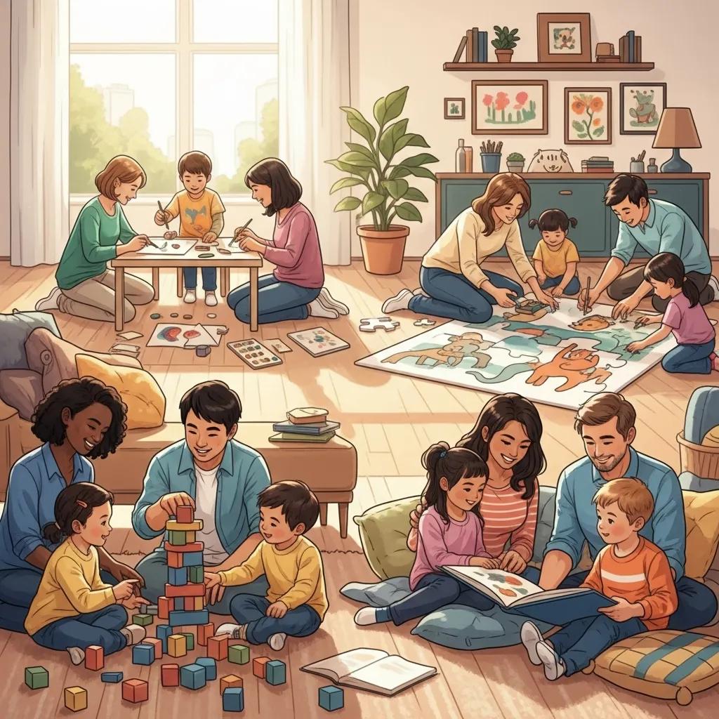Families participating in screen-free activities like reading and playing, showcasing alternatives to screen time for toddlers