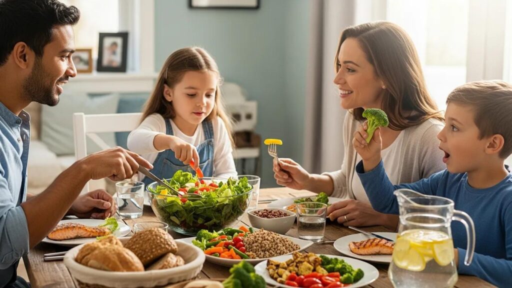 Families practicing positive mealtime behaviors to encourage healthy eating in children