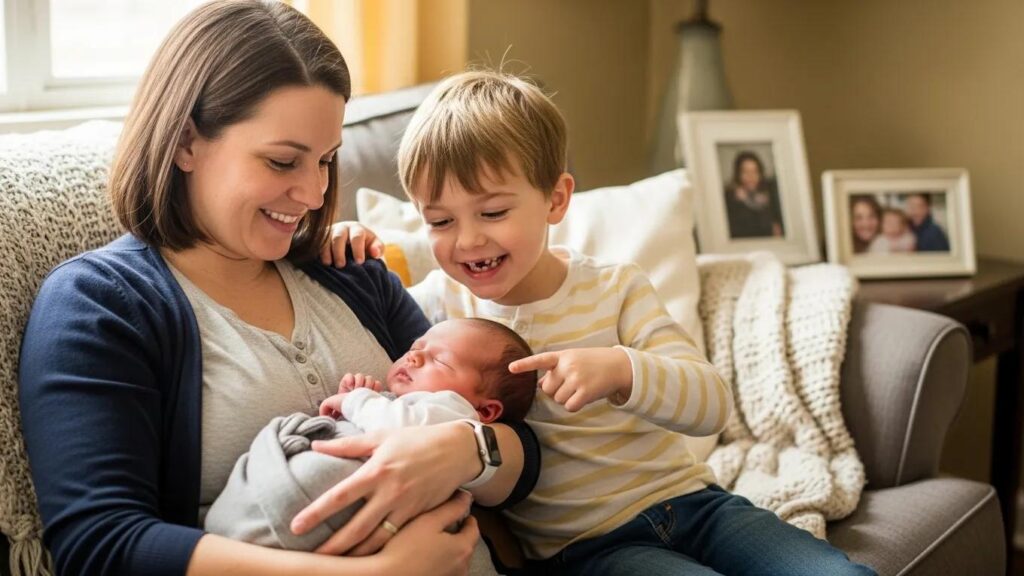 Family bonding with older sibling and newborn, illustrating emotional connection during transition
