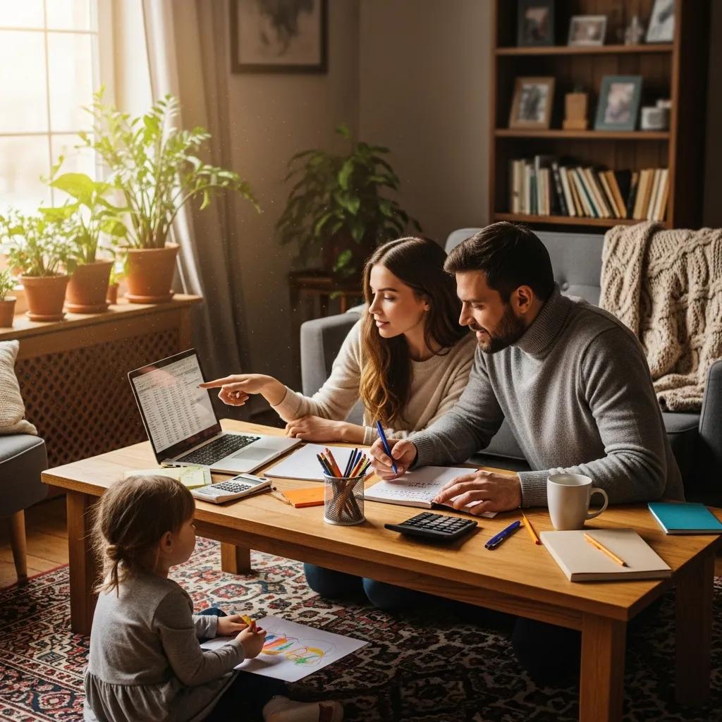 Family budgeting tools on a table, warm home atmosphere, child care financial planning