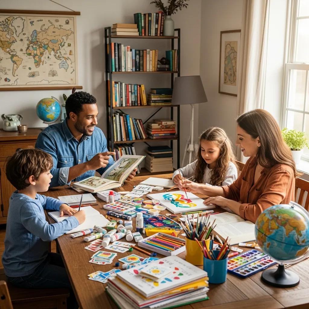 Family engaging in a collaborative learning activity at home, enhancing child development outcomes