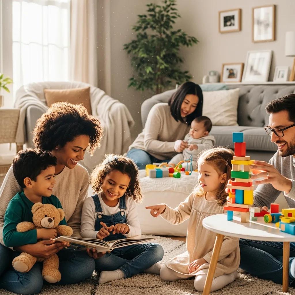 Family engaging in loving child care activities in a warm home setting