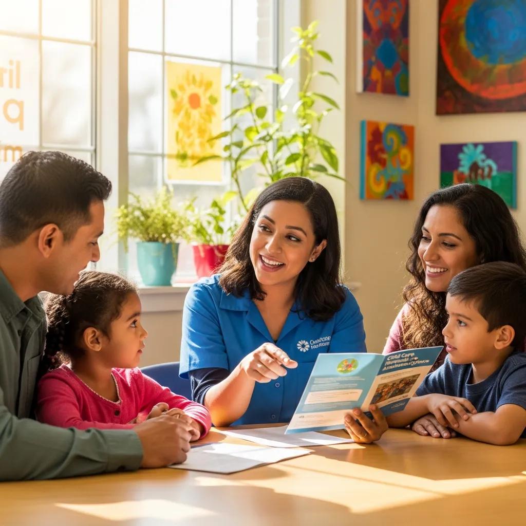 Family receiving child care financial assistance information at a community center