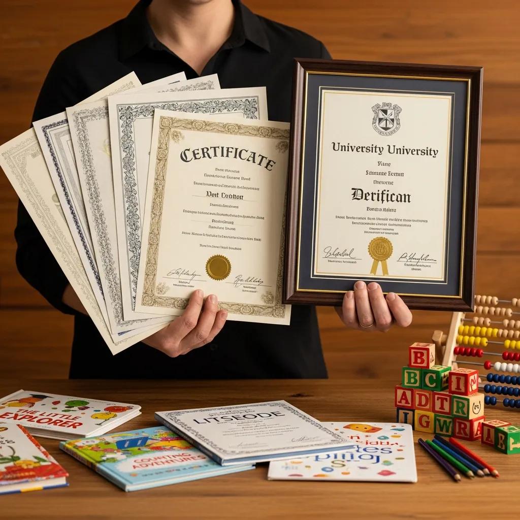Hands displaying early childhood education degrees and certificates on a desk