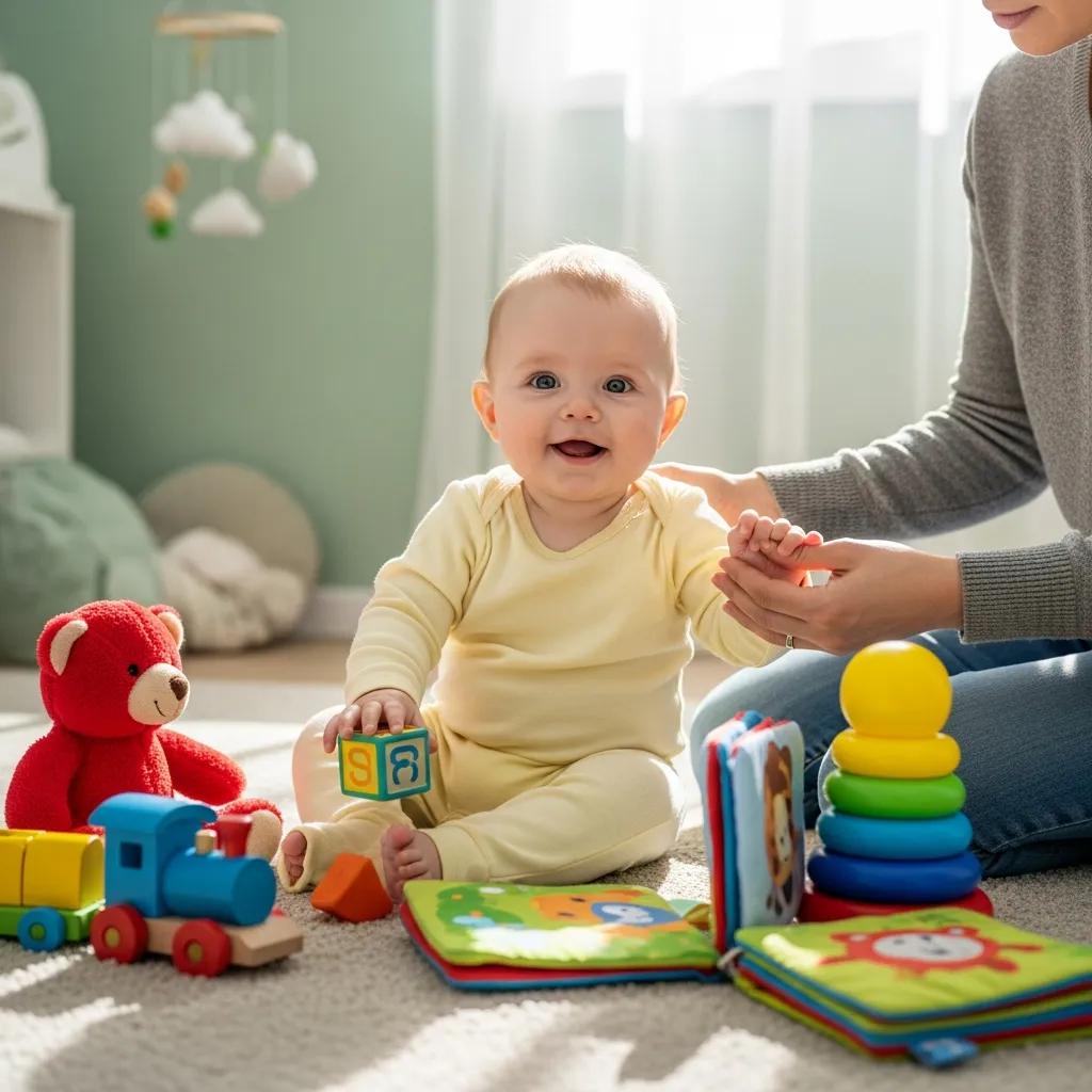 Happy infant interacting with caregiver in a nurturing environment, emphasizing early development and care