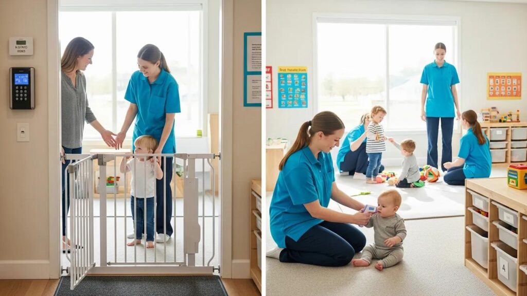 Illustration of safety features and protocols implemented in a daycare