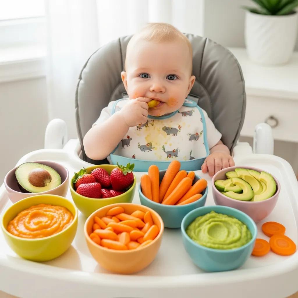Infant enjoying healthy pureed foods in a bright and cheerful high chair setting, highlighting nutrition practices
