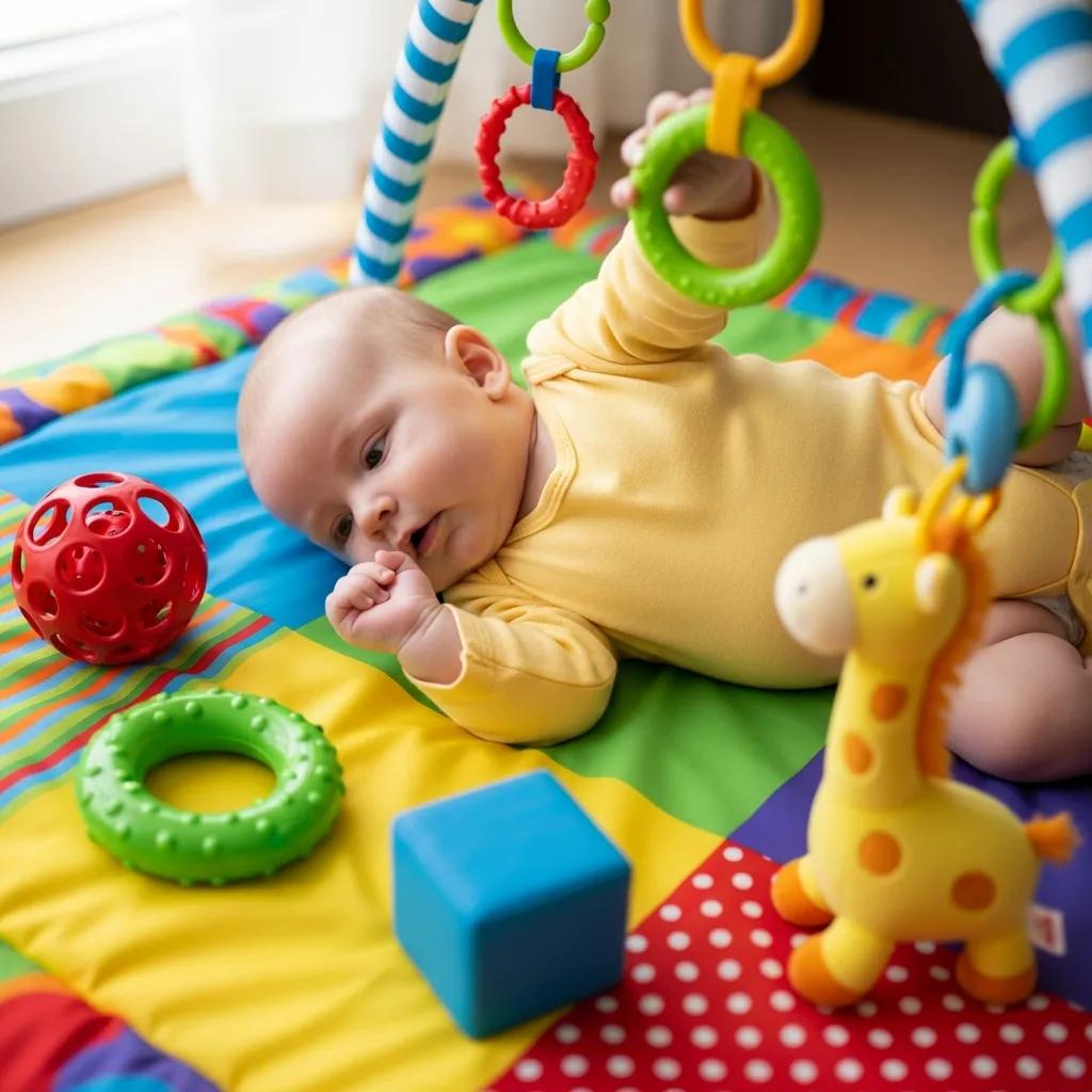 Infant practicing rolling over on a play mat, surrounded by toys, illustrating motor skill development