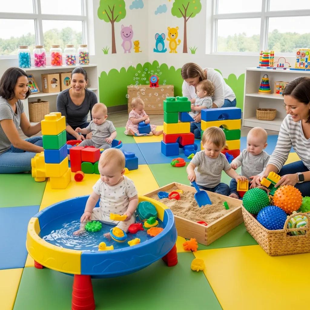 Infants and toddlers participating in sensory play with colorful toys and materials, highlighting early childhood development