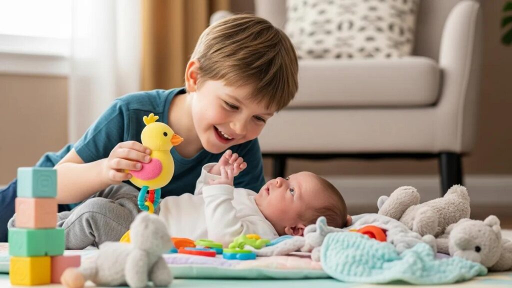 Older sibling playing with newborn, illustrating positive sibling bonding activities