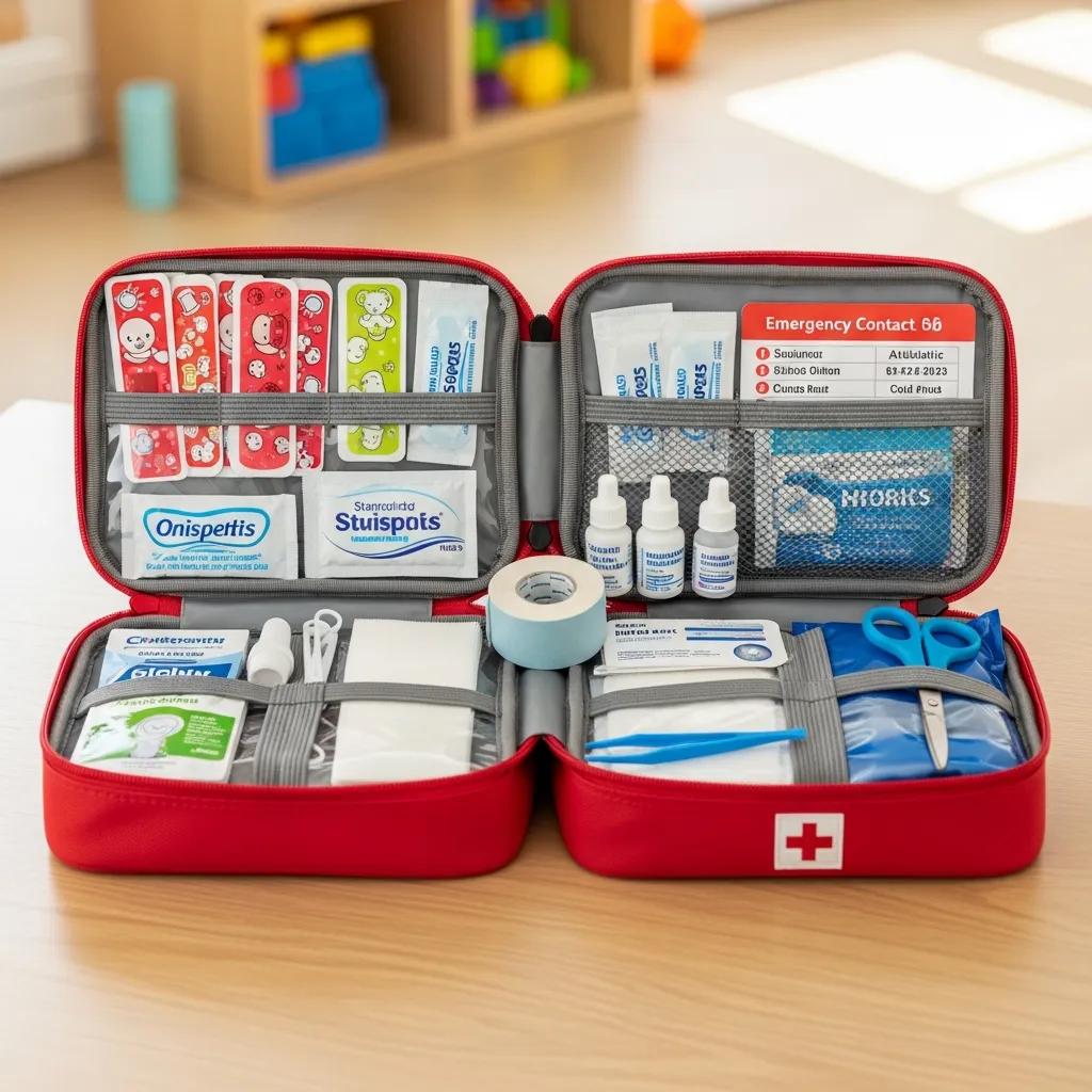 Organized first aid kit containing essential items for child injury prevention