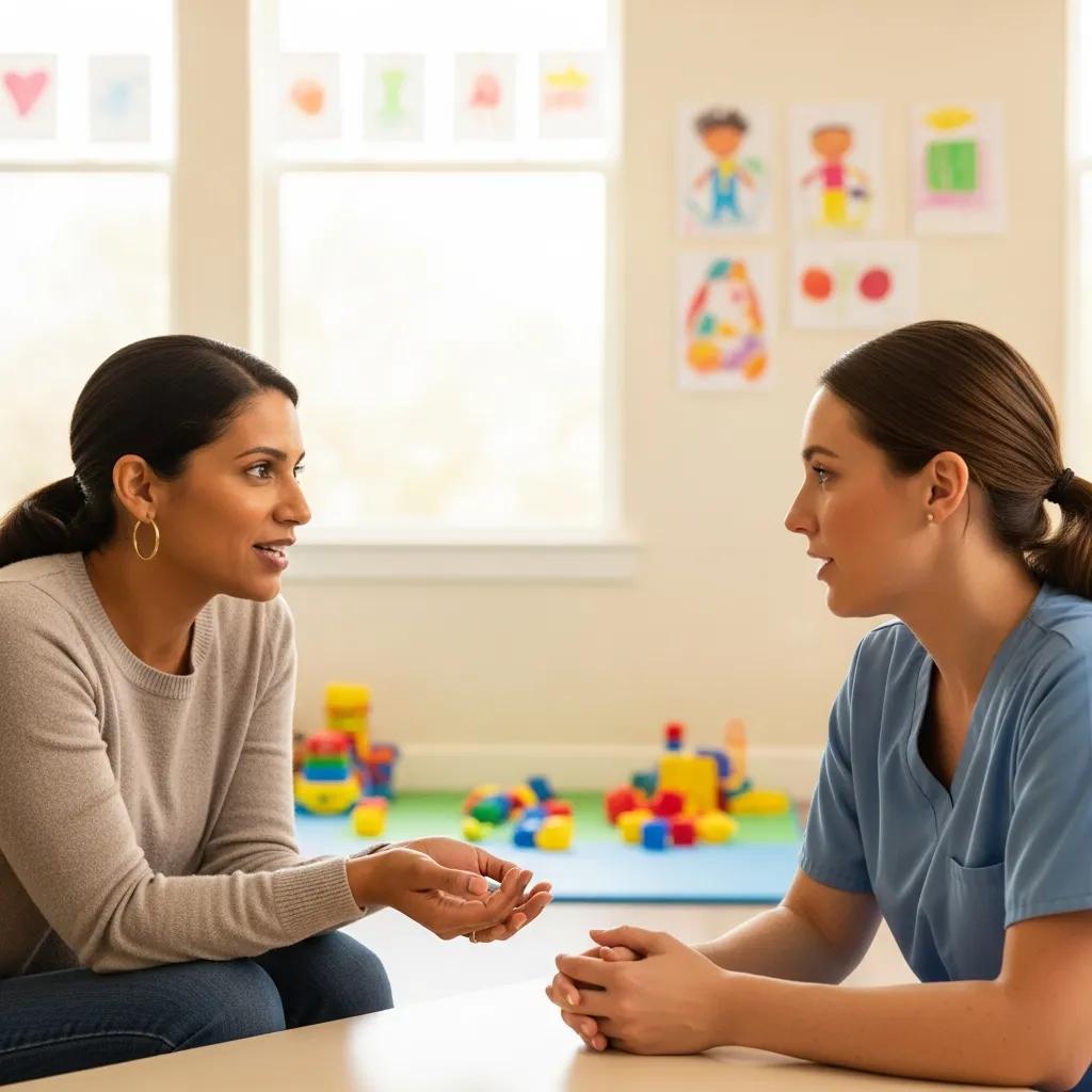 Parent and caregiver discussing ethical considerations of childcare monitoring technology