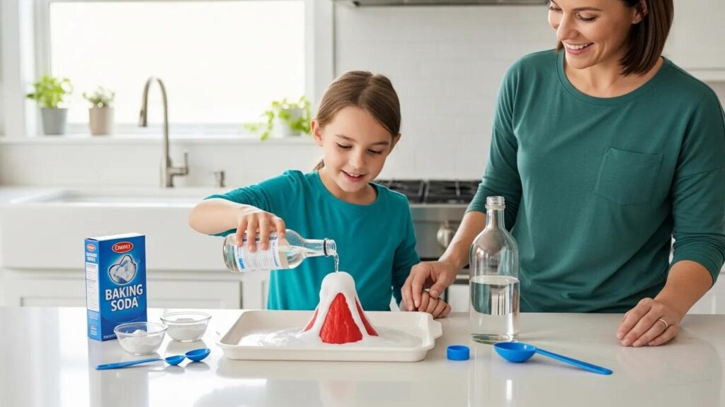 Parent and child conducting a safe science experiment with baking soda and vinegar at home.