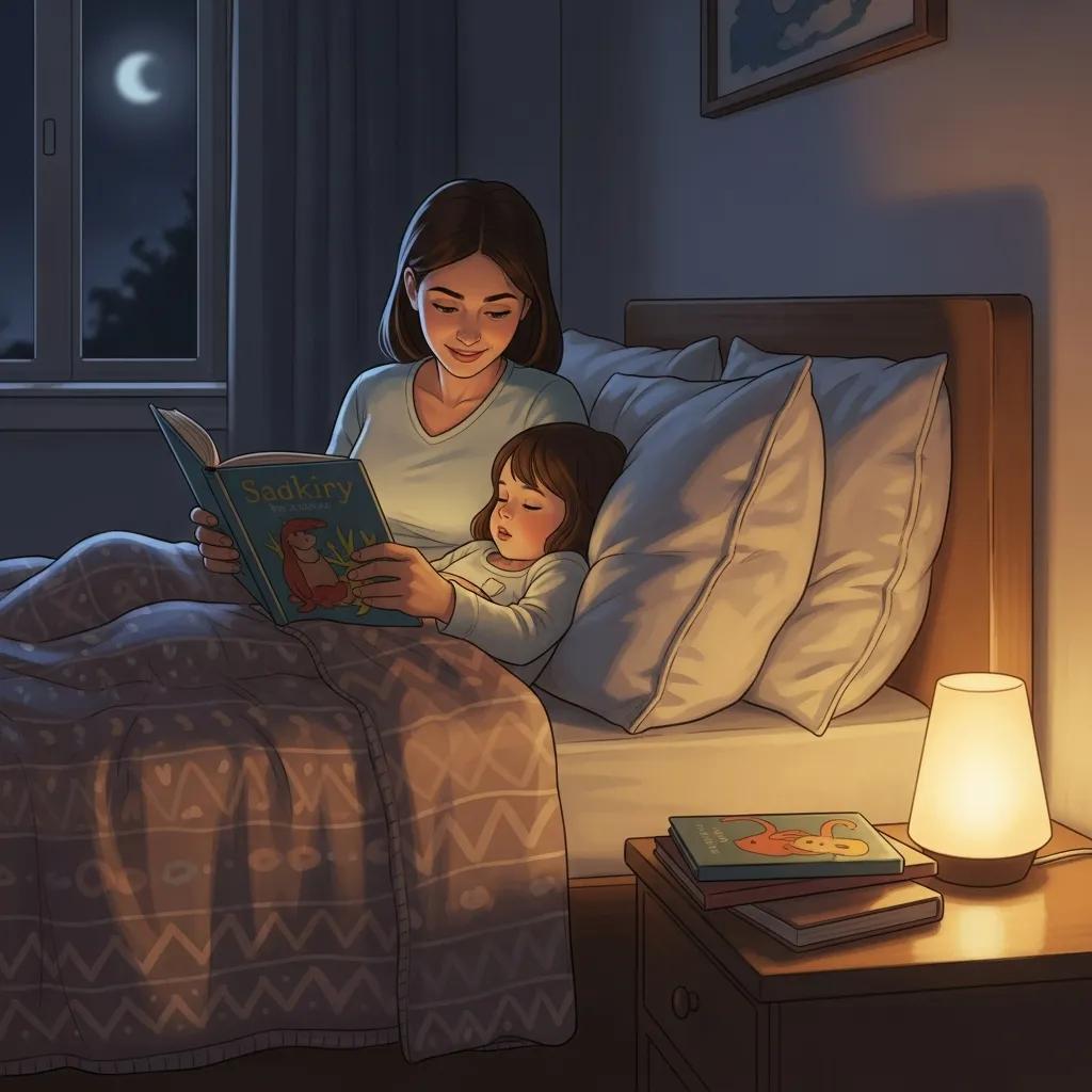 Parent and child engaging in a calming bedtime routine, emphasizing nurturing interactions that aid sleep.