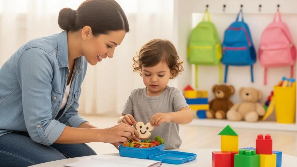 Parent and child packing lunchbox for first day at daycare, conveying excitement and preparation