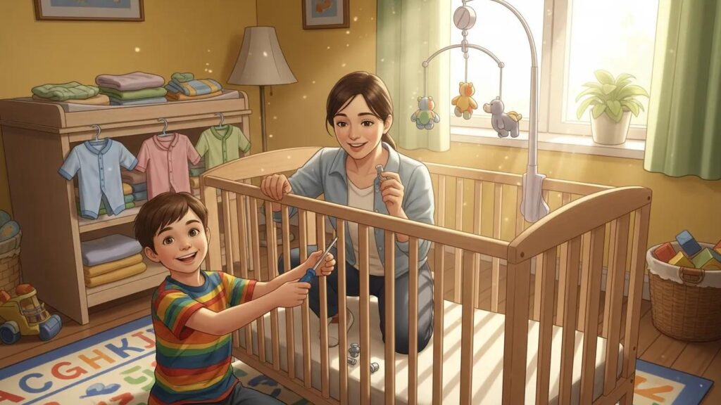 Parent and older sibling preparing for new baby's arrival, showcasing teamwork and excitement