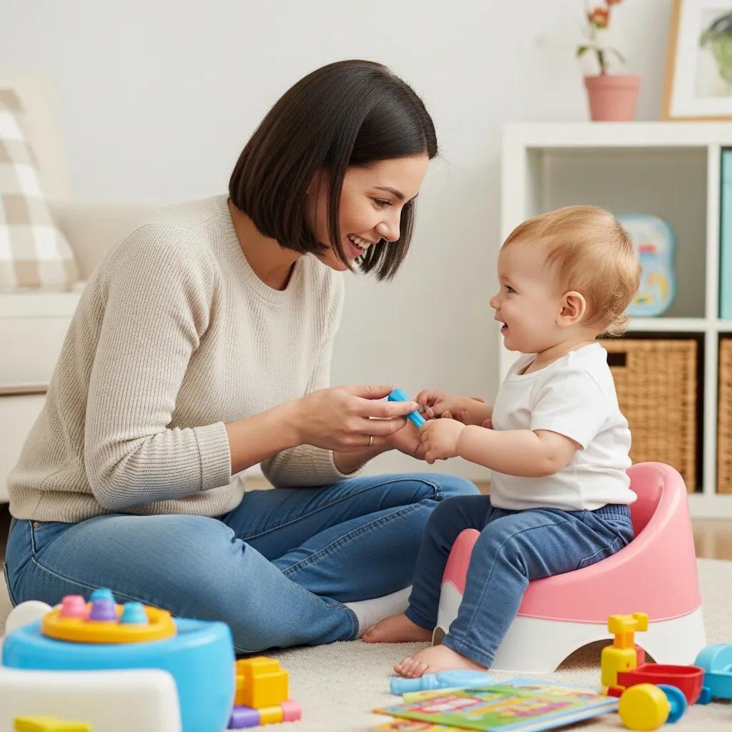 Parent and toddler engaging in potty training activities with a potty chair, showcasing readiness and encouragement.