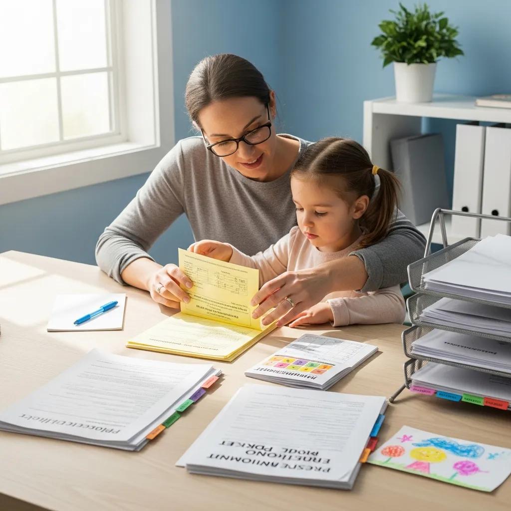 Parent assisting child with enrollment documents for preschool admission