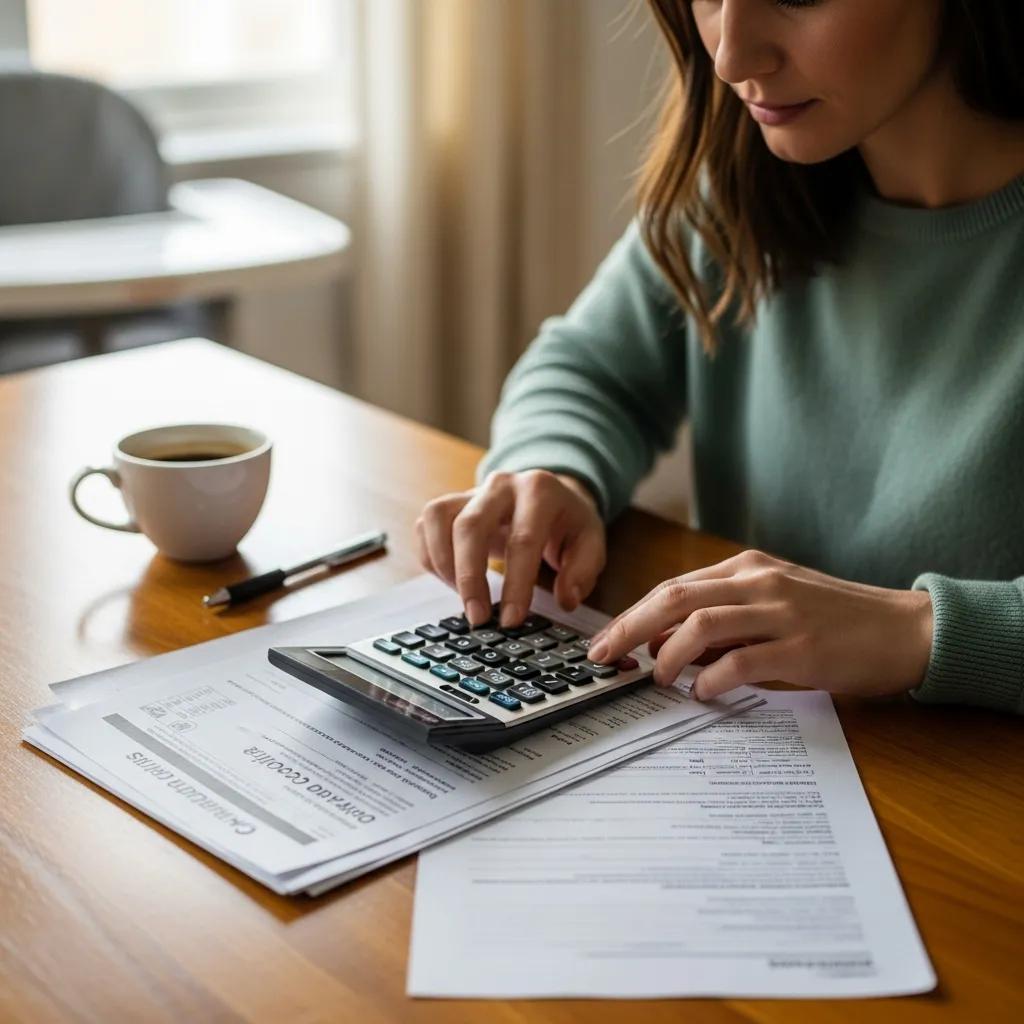 Parent calculating child care expenses with documents on a kitchen table
