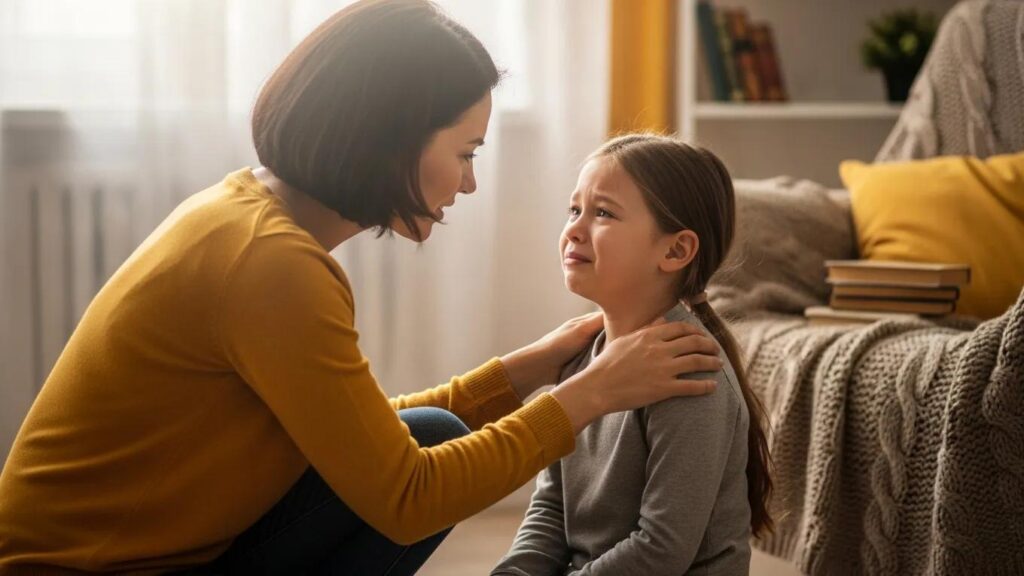 Parent comforting child experiencing separation anxiety at home