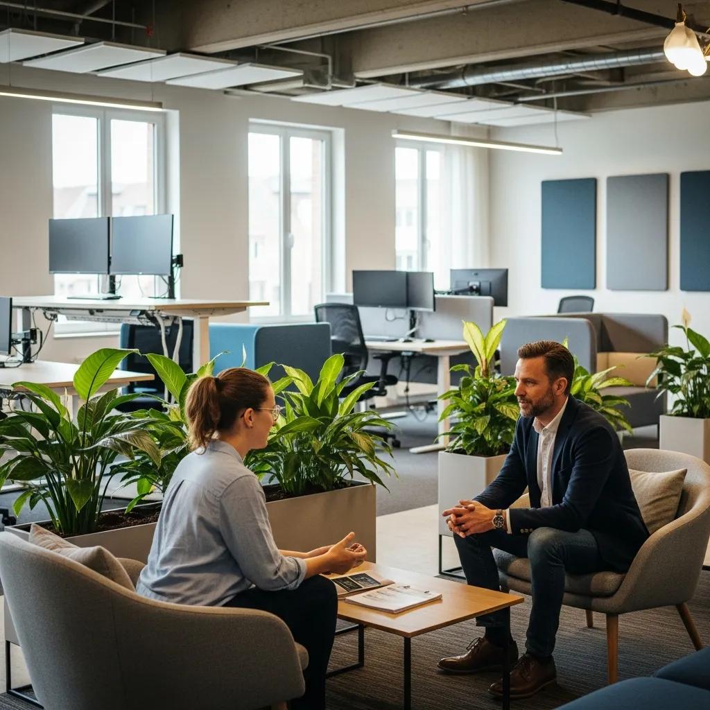 Parent discussing workplace accommodations and flexible work policies with an employer in a modern office