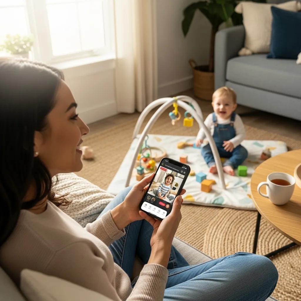 Parent engaged with childcare monitoring tech, capturing both safety and connection