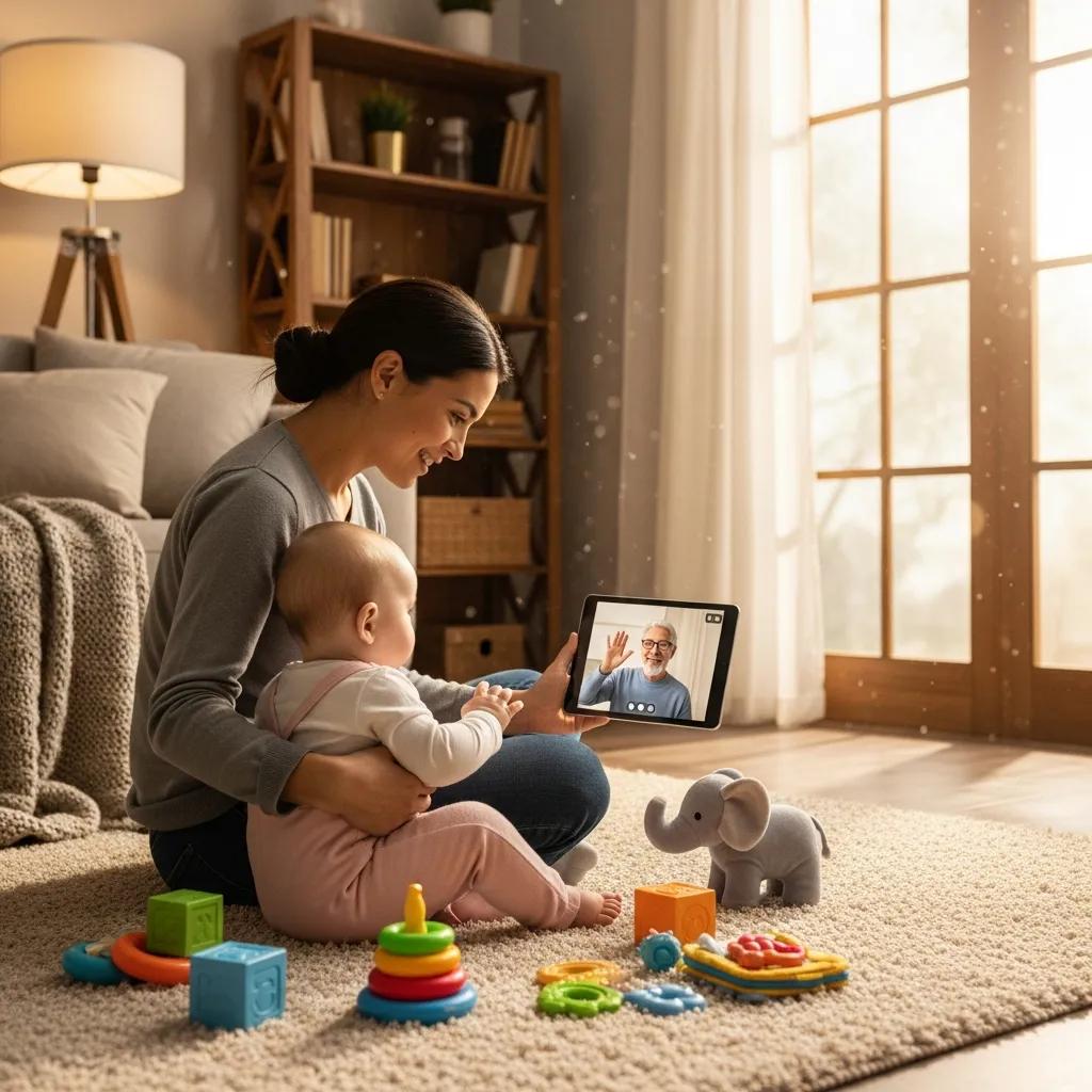 Parent engaging with an infant on a tablet during a video call, highlighting safe screen time practices