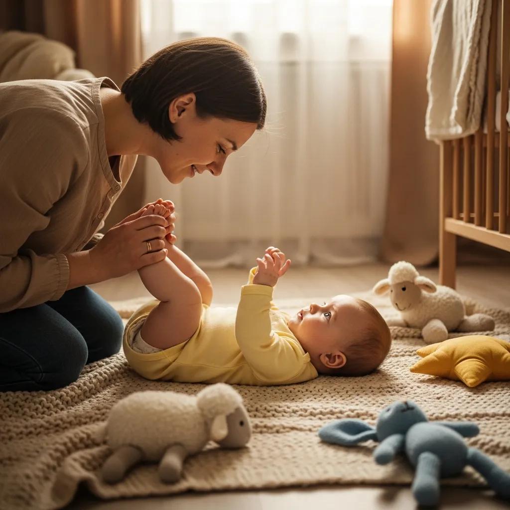 Parent interacting with infant on a blanket, emphasizing nurturing and infant development