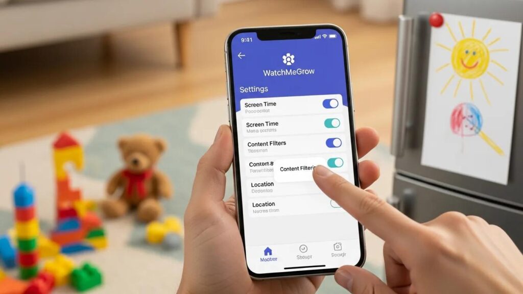 Parent managing privacy settings on WatchMeGrow app highlighting parental controls and family safety