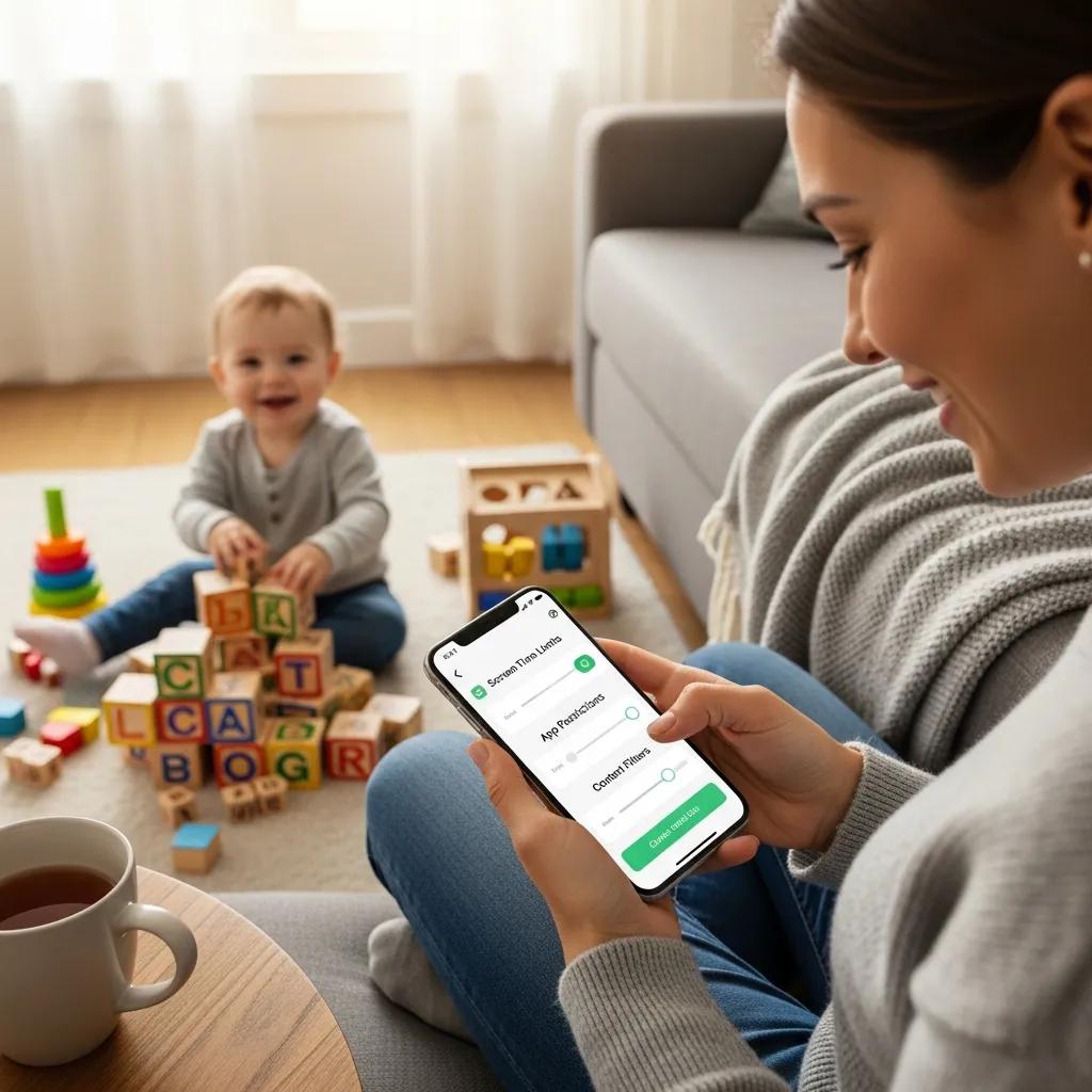 Parent monitoring screen time using a parental control app while a toddler engages with educational toys