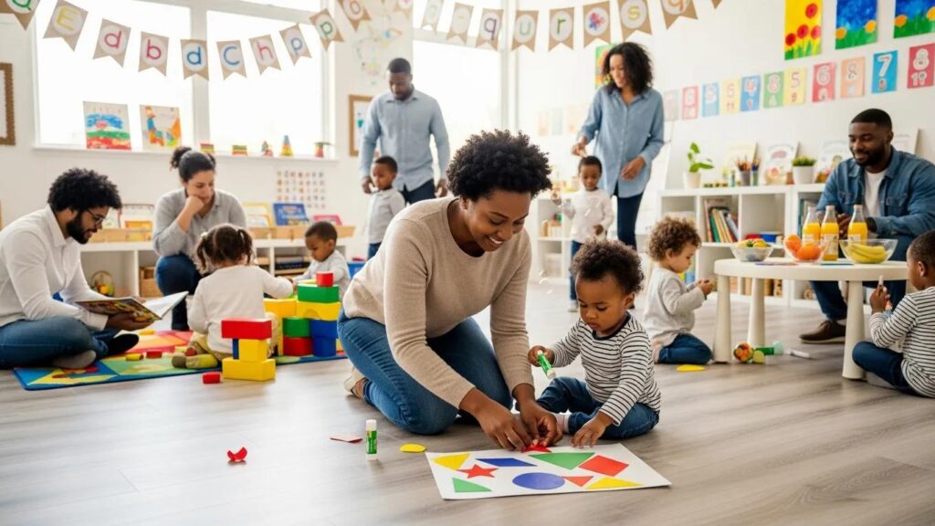 Parent participating in a daycare event, illustrating community engagement and parental involvement in education