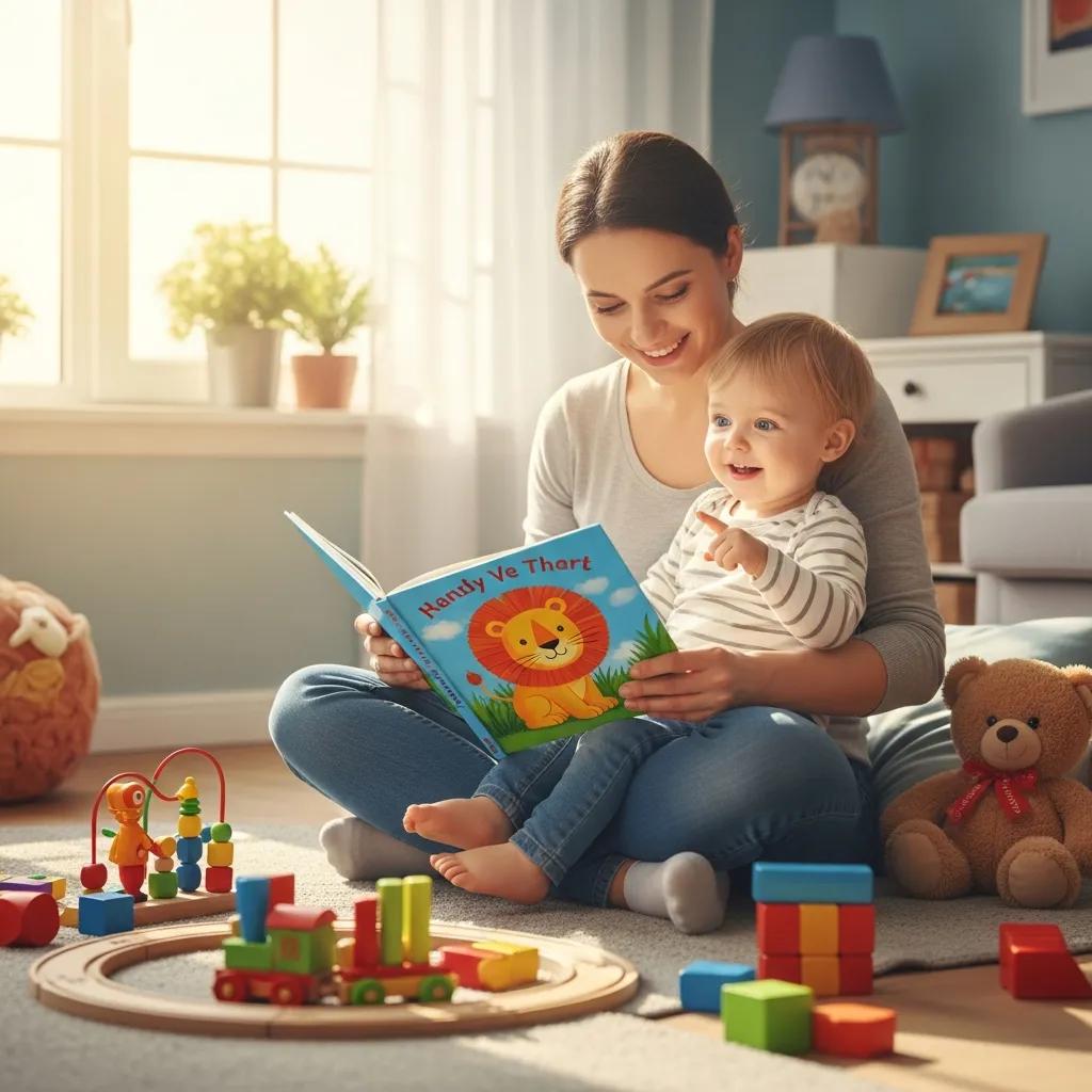 Parent reading a colorful picture book with a toddler enjoying storytime in a nurturing environment