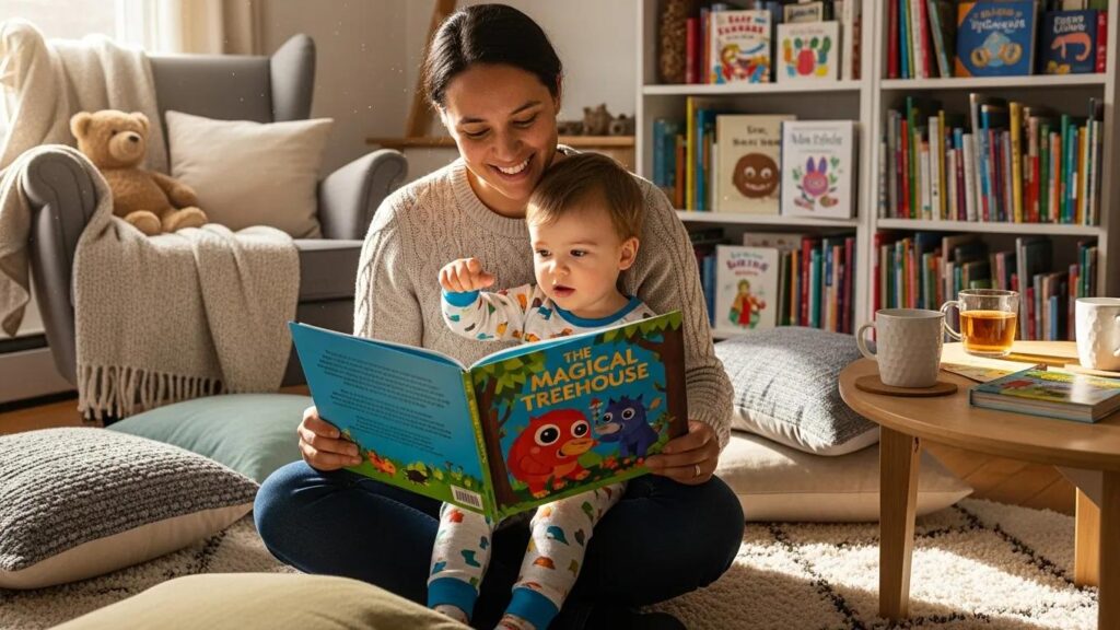 Parent reading a storybook to a toddler in a cozy living room, promoting early literacy engagement