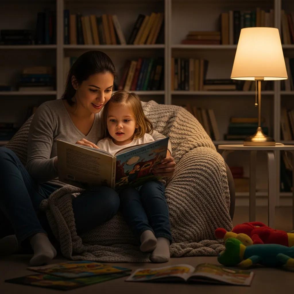 Parent reading to child in a cozy home environment, promoting family engagement in learning