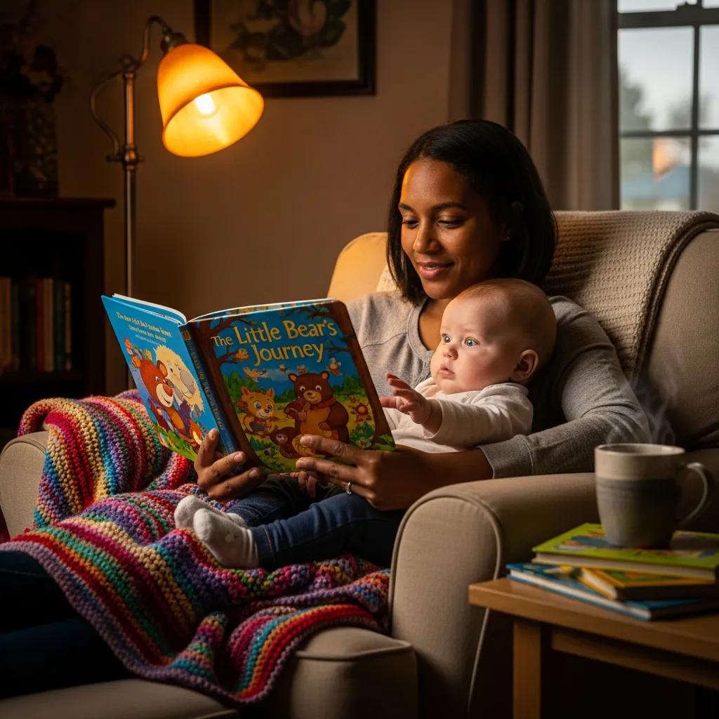 Parent reading to infant in a cozy setting, highlighting the importance of parental support in development