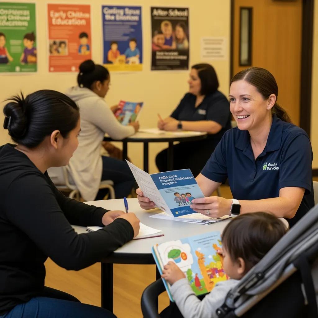 Parent receiving financial assistance information in a supportive community setting