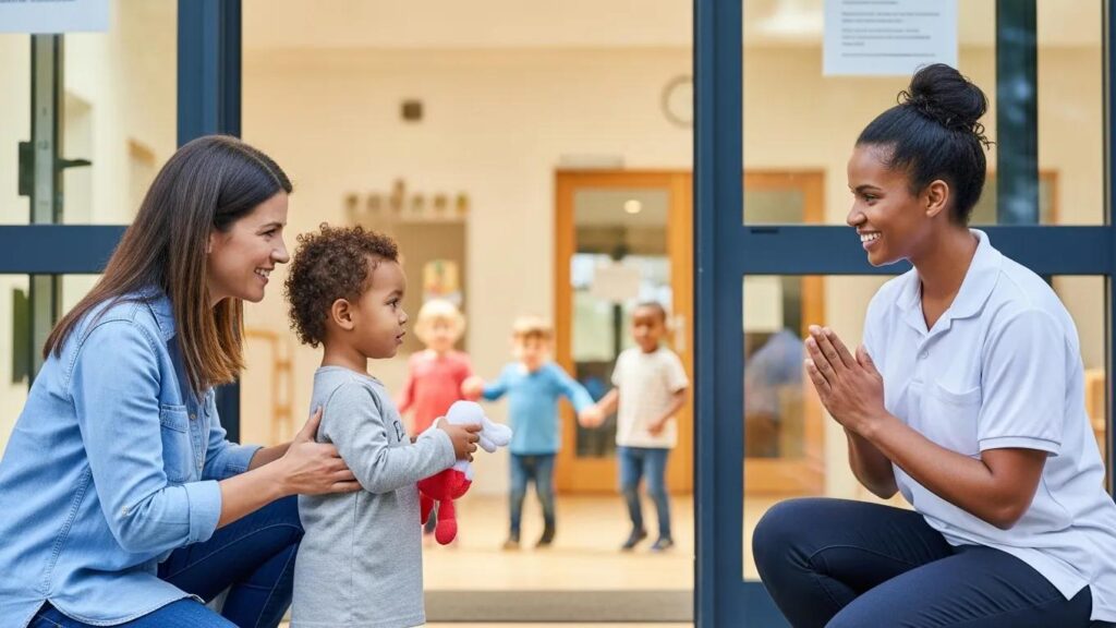 Parent saying goodbye to child at daycare, illustrating a positive drop-off routine