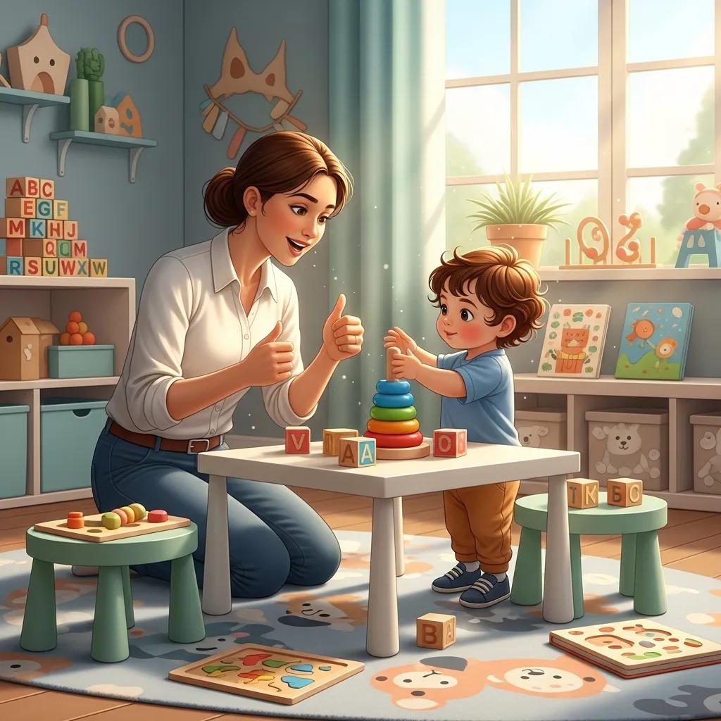Parent utilizing positive discipline techniques while playing with a toddler in a joyful setting