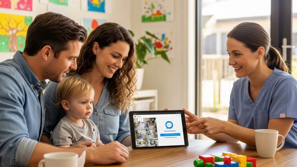 Parents discussing video monitoring policies with childcare provider in a cozy setting