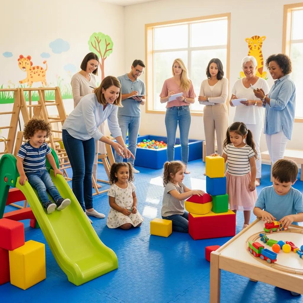 Parents observing children in a daycare setting during a facility tour