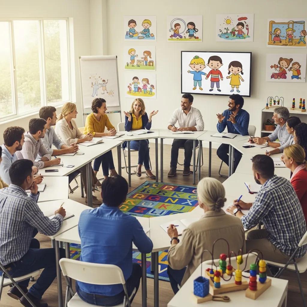 Parents participating in an early childhood development workshop, engaging in positive parenting discussions