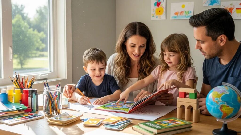 Parents supporting children’s learning at home with educational activities