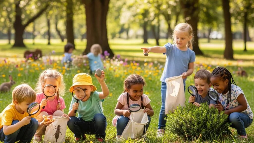Preschoolers engaged in a nature scavenger hunt, exploring their environment with curiosity.