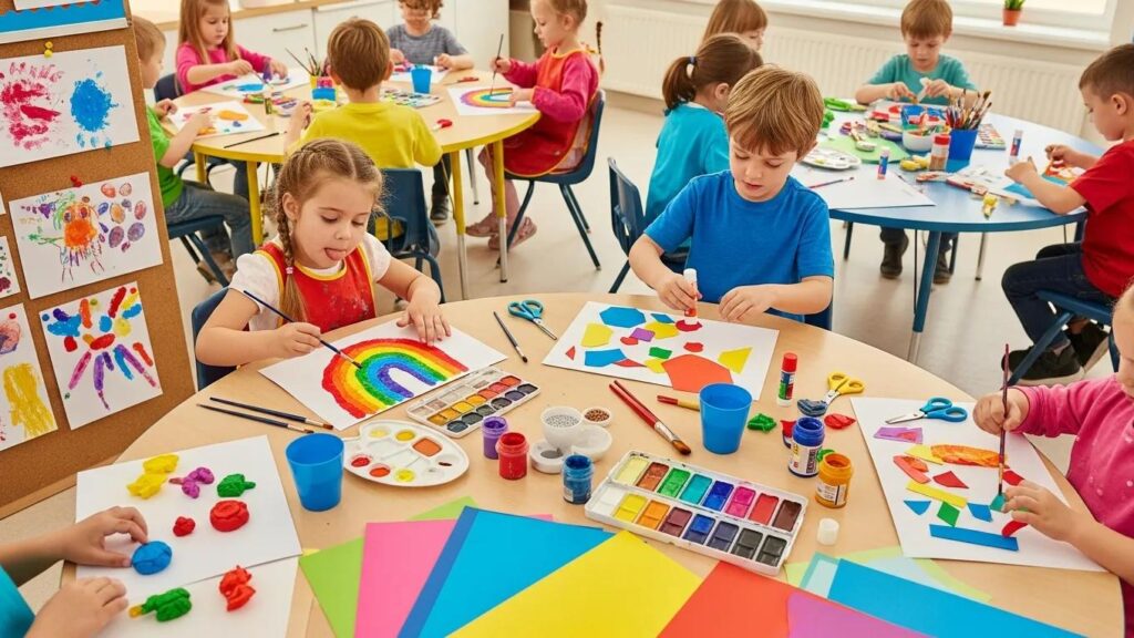 Preschoolers engaged in creative arts and crafts highlighting child development through playful learning