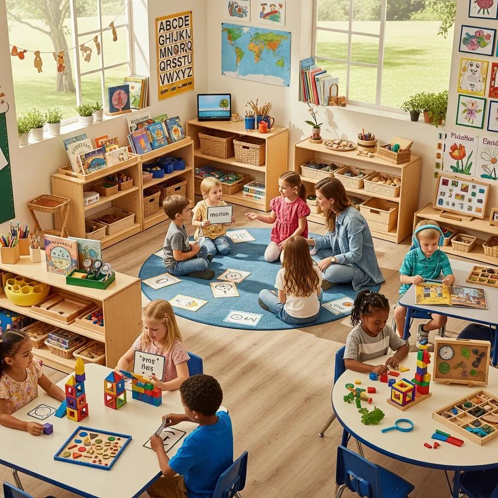 Preschoolers engaged in diverse learning activities illustrating social-emotional, cognitive, and language development