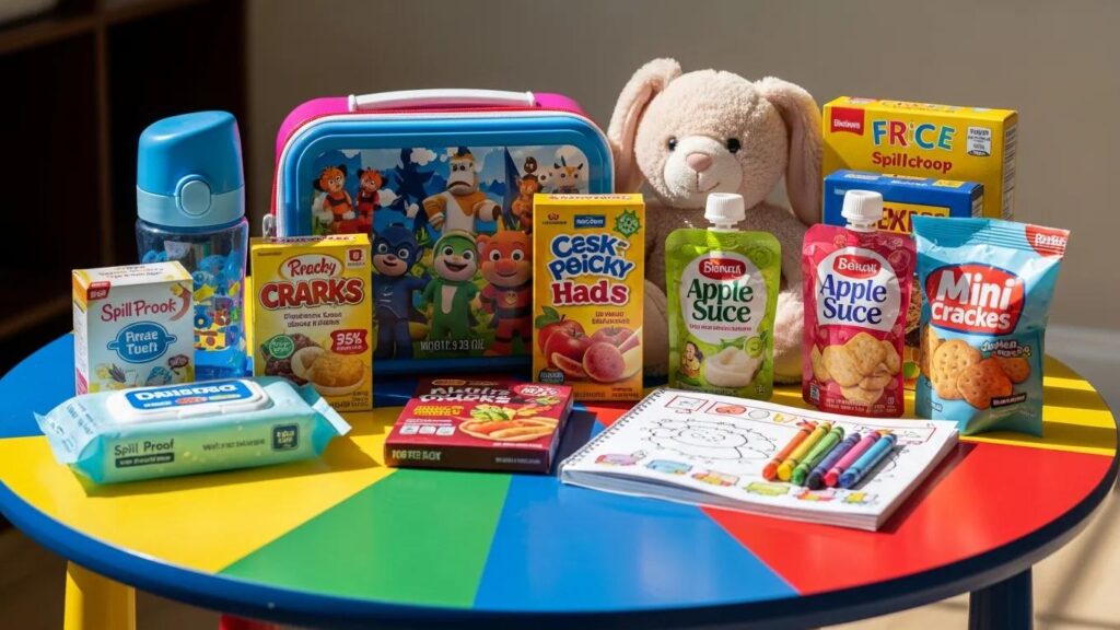 Recommended daycare supplies laid out: lunchbox, snacks, and comfort items for children
