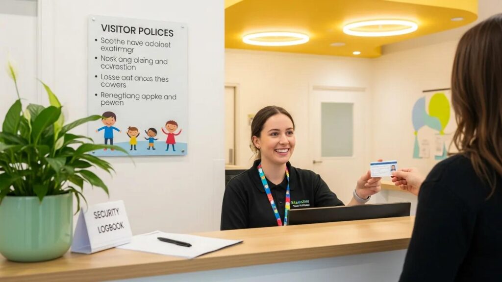 Staff member conducting identification check for daycare visitor at entrance