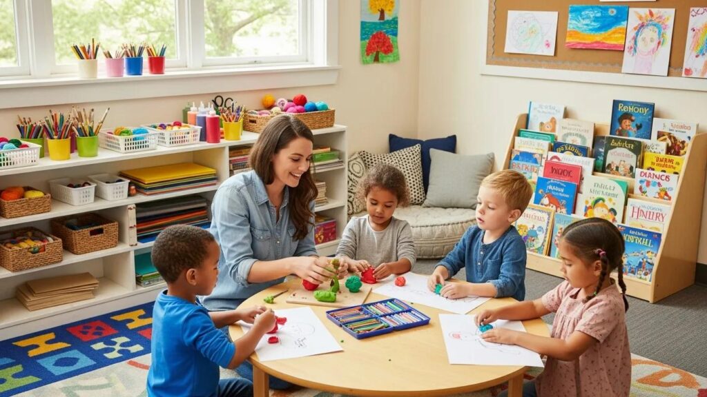 Teacher guiding children in a creative learning activity that highlights curriculum and development in daycare