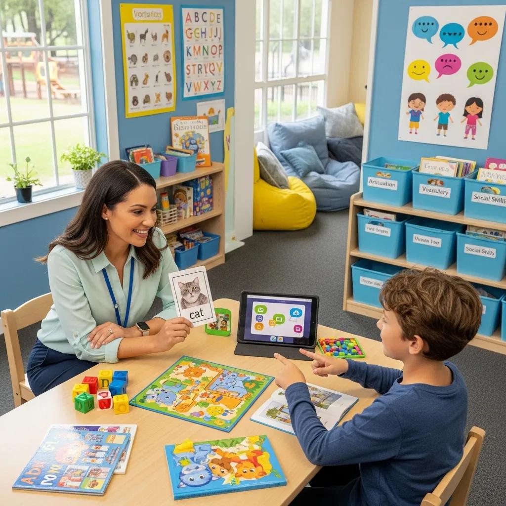 Therapist working with a child in speech therapy, illustrating early intervention benefits for developmental support.