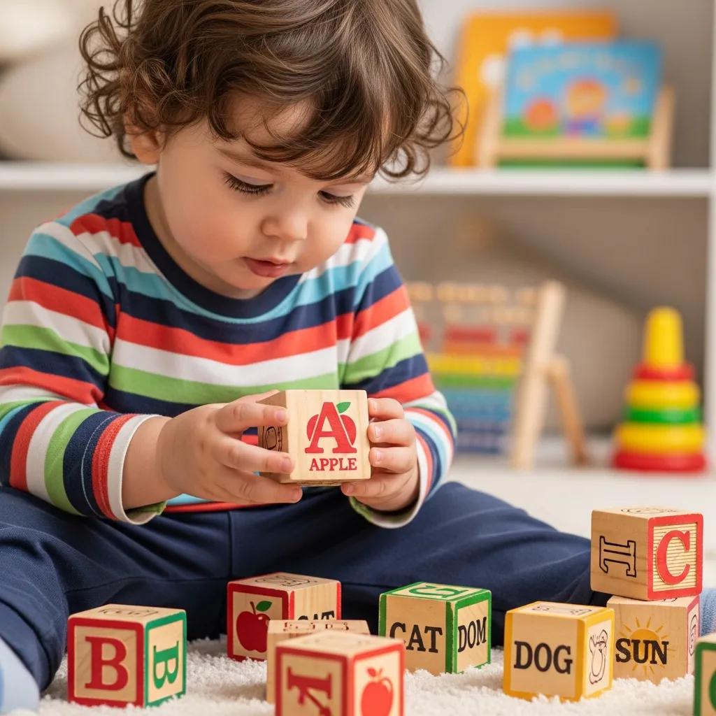 Toddler engaged in playing with alphabet blocks, illustrating early speech and language development
